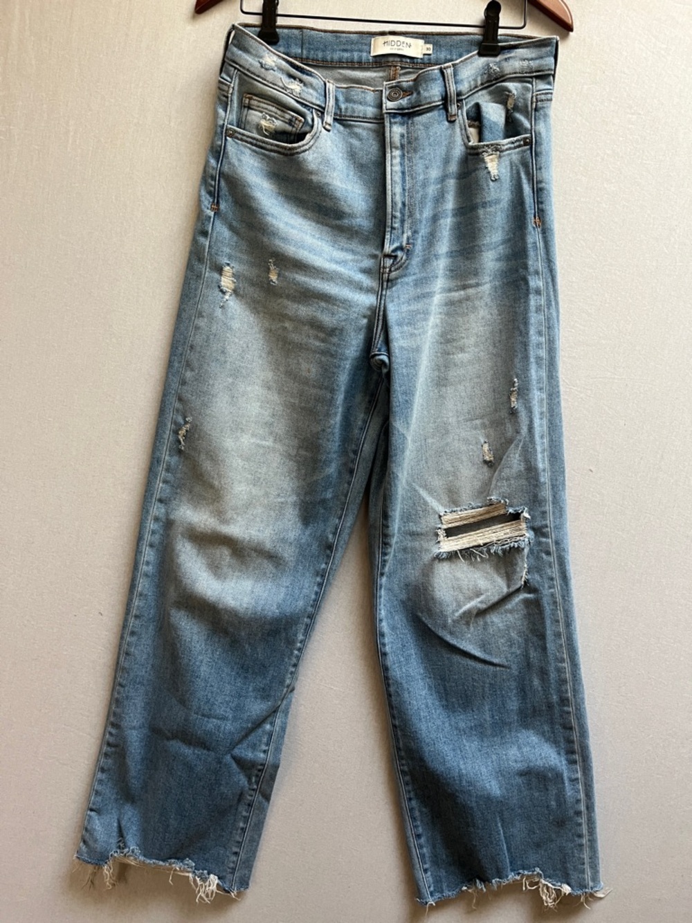 HIDDEN Los Angeles Distressed Wide Leg Raw Hem Light Wash Jeans Size 30